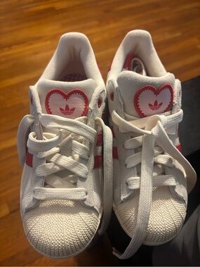 Adidas White and Pink Heart Shell Toe Sneakers